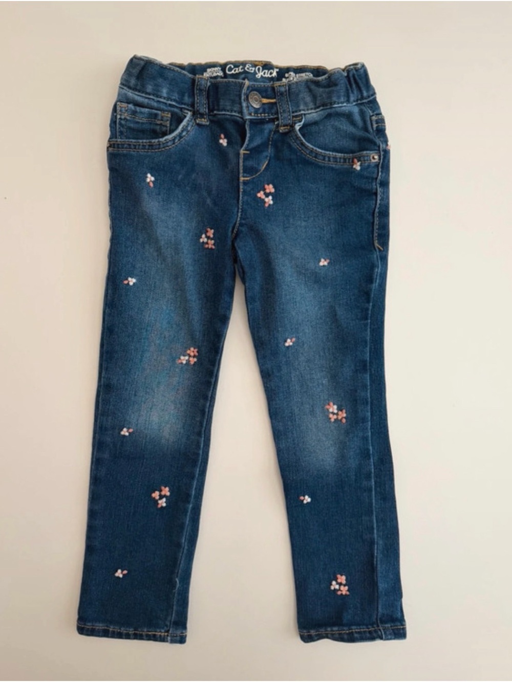 Cat & Jack 4T Dark Blue Jeans with Pink Floral Embroidery